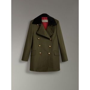 Burberry Olive Kelson Velvet-trim Double-breasted Coa Coat in XS
